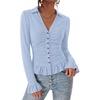 image:imageBTFBM Fitted Button Down Shirts for Women Dressy Casual Tops  Collar V Neck Long Sleeve Ruched Tops Stretchy Ruffle Blouses Fall Fashion Clothing 2026 Work Date Night Going Out OutfitsSky Blue