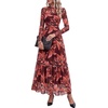 image:imageBTFBM Boho Mesh Long Sleeve Dress for WomenFloral Red Brown