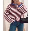 image:imageBTFBM Womens Lightweight Oversized Striped SweaterBurgundy White