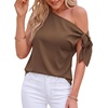 image:imageBTFBM 2026 Off The Shoulder Tops for Women Summer Shirts Short Sleeve Satin Blouses Silk Going Out Top Beach VacationBrown