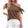 image:imageBTFBM 2026 Off The Shoulder Tops for Women Summer Shirts Short Sleeve Satin Blouses Silk Going Out Top Beach VacationBrown