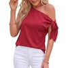 image:imageBTFBM 2026 Off The Shoulder Tops for Women Summer Shirts Short Sleeve Satin Blouses Silk Going Out Top Beach VacationRed