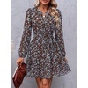 image:imageBTFBM Womens Dresses Fall Chiffon Floral V Neck Long Sleeve Mini DressBrown Blue Flower