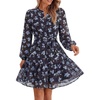 image:imageBTFBM Womens Dresses Fall Chiffon Floral V Neck Long Sleeve Mini DressBlack Blue Flower