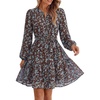 image:imageBTFBM Womens Dresses Fall Chiffon Floral V Neck Long Sleeve Mini DressBrown Blue Flower