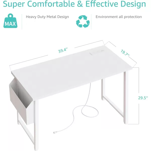 Lufeiya 39 inch White Computer Desk with Power Outlet 40 inch Teen Study Table Home Office Work Writing Desks with Charging Station Outlets Built in WhiteWhite