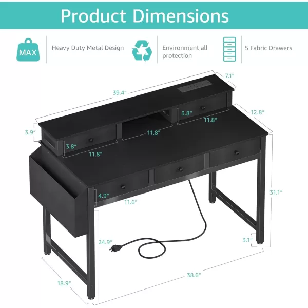 Lufeiya Computer Desk with Drawers for Home Office Bedroom 40 inch Black Writing Study Desks with Fabric Drawers Storage Gaming Desk Table with Power Outlet ampamp Monitor Stand BlackBlack