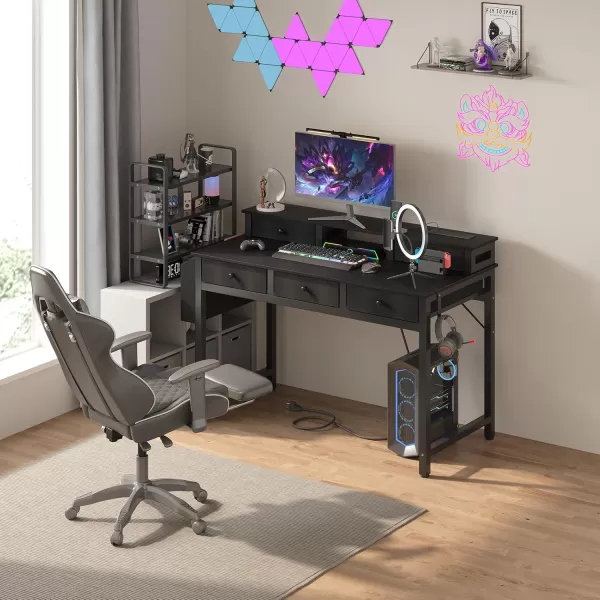 Lufeiya Computer Desk with Drawers for Home Office Bedroom 40 inch Black Writing Study Desks with Fabric Drawers Storage Gaming Desk Table with Power Outlet ampamp Monitor Stand BlackBlack