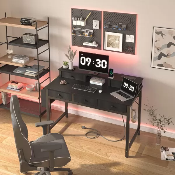 Lufeiya Computer Desk with Drawers for Home Office Bedroom 40 inch Black Writing Study Desks with Fabric Drawers Storage Gaming Desk Table with Power Outlet ampamp Monitor Stand BlackBlack