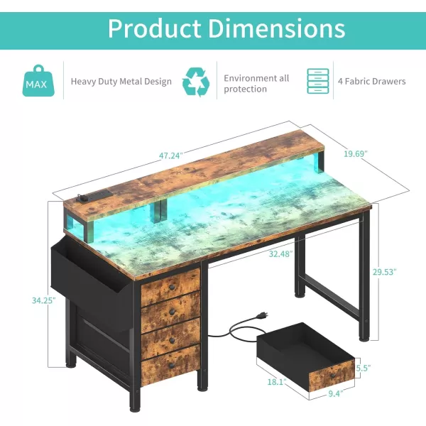 Lufeiya Computer Desk with Fabric Drawers 47 inch Home Office Desk with Monitor Stand Gaming Desk with LED Lights and Power Outlets Rustic Brown