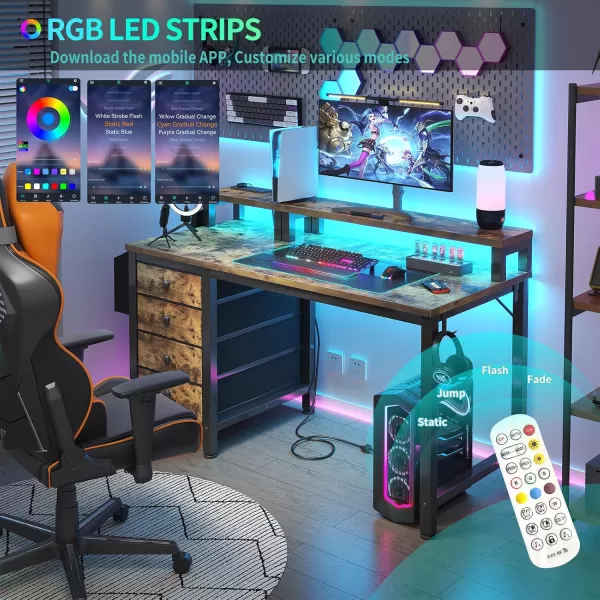 Lufeiya Computer Desk with Fabric Drawers 47 inch Home Office Desk with Monitor Stand Gaming Desk with LED Lights and Power Outlets Rustic Brown