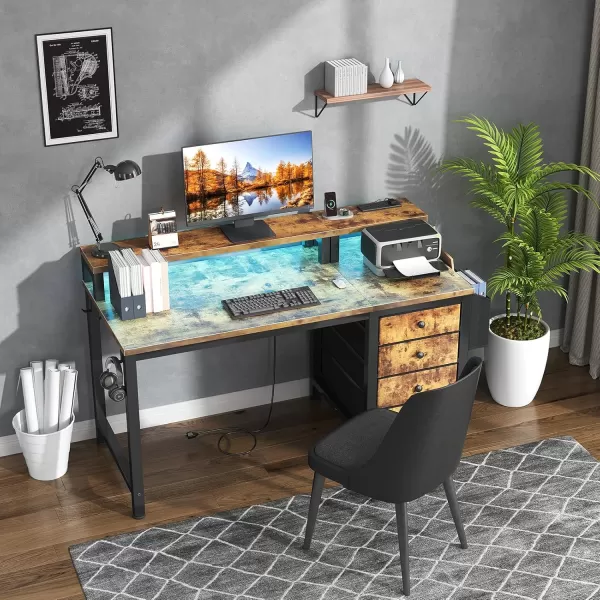 Lufeiya Computer Desk with Fabric Drawers 47 inch Home Office Desk with Monitor Stand Gaming Desk with LED Lights and Power Outlets Rustic Brown