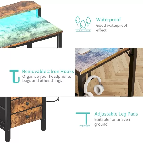 Lufeiya Computer Desk with Fabric Drawers 47 inch Home Office Desk with Monitor Stand Gaming Desk with LED Lights and Power Outlets Rustic Brown