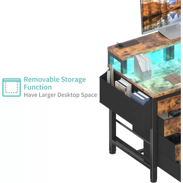 Lufeiya Computer Desk with Fabric Drawers 47 inch Home Office Desk with Monitor Stand Gaming Desk with LED Lights and Power Outlets Rustic Brown