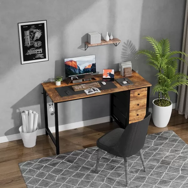 Lufeiya Computer Desk with Fabric Drawers  55 Inch Long Study Work Writing Desk for Home Office Bedroom Simple Modern Cute PC Desks with Drawer Rustic BrownRustic Brown