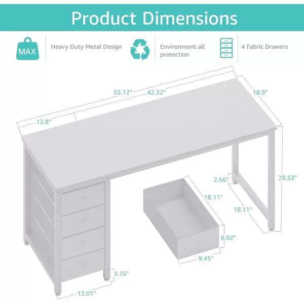 Lufeiya Computer Desk with Fabric Drawers  55 Inch Long Study Work Writing Desk for Home Office Bedroom Simple Modern Cute PC Desks with Drawer Rustic BrownWarm White