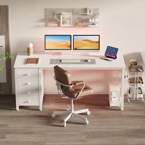 Lufeiya Computer Desk with Fabric Drawers  55 Inch Long Study Work Writing Desk for Home Office Bedroom Simple Modern Cute PC Desks with Drawer Rustic BrownWarm White