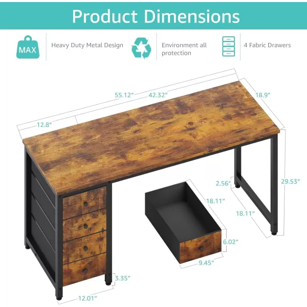 Lufeiya Computer Desk with Fabric Drawers  55 Inch Long Study Work Writing Desk for Home Office Bedroom Simple Modern Cute PC Desks with Drawer Rustic BrownRustic Brown