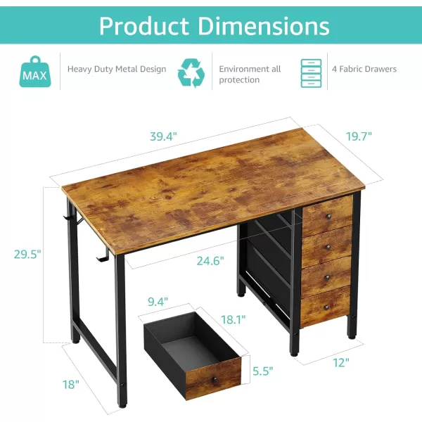 Lufeiya Computer Desk with Fabric Drawers  55 Inch Long Study Work Writing Desk for Home Office Bedroom Simple Modern Cute PC Desks with Drawer Rustic BrownRustic Brown