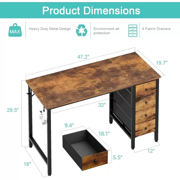 Lufeiya Computer Desk with Fabric Drawers  55 Inch Long Study Work Writing Desk for Home Office Bedroom Simple Modern Cute PC Desks with Drawer Rustic BrownRustic Brown