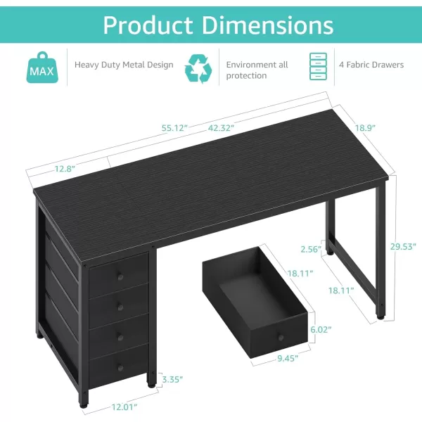 Lufeiya Computer Desk with Fabric Drawers  55 Inch Long Study Work Writing Desk for Home Office Bedroom Simple Modern Cute PC Desks with Drawer Rustic BrownBlack