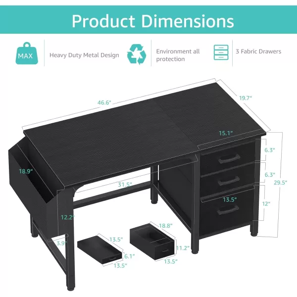 Lufeiya Computer Desk with File Drawers Cabinet 47 Inch Home Office Desks with Filing Cabinet for Small Space Gaming Study Writing Table PC Desks BlackBlack