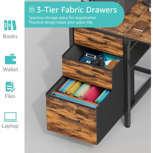 Lufeiya Computer Desk with File Drawers Cabinet 47 Inch Home Office Desks with Filing Cabinet for Small Space Gaming Study Writing Table PC Desks BlackRustic Brown