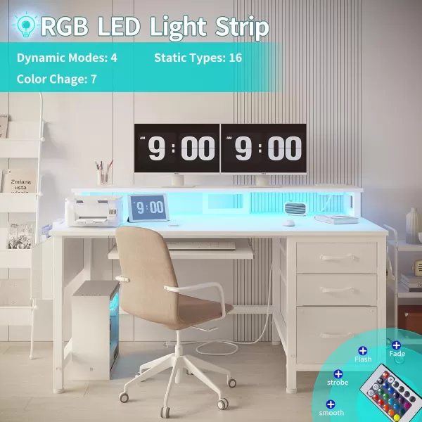 Lufeiya Gaming Desk with LED Lights and Power Outlets 47 Inch Home Office Desks with Keyboard Tray Computer Desk with File Drawers Cabinet Writing Table PC Desks with Monitor Stand BlackWhite