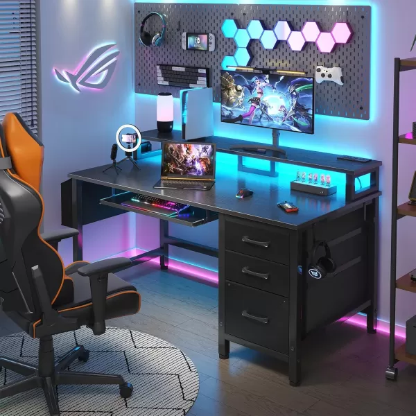 Lufeiya Gaming Desk with LED Lights and Power Outlets 47 Inch Home Office Desks with Keyboard Tray Computer Desk with File Drawers Cabinet Writing Table PC Desks with Monitor Stand BlackBlack