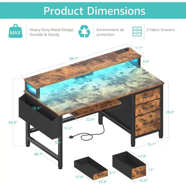 Lufeiya Gaming Desk with LED Lights and Power Outlets 47 Inch Home Office Desks with Keyboard Tray Computer Desk with File Drawers Cabinet Writing Table PC Desks with Monitor Stand BlackBrown