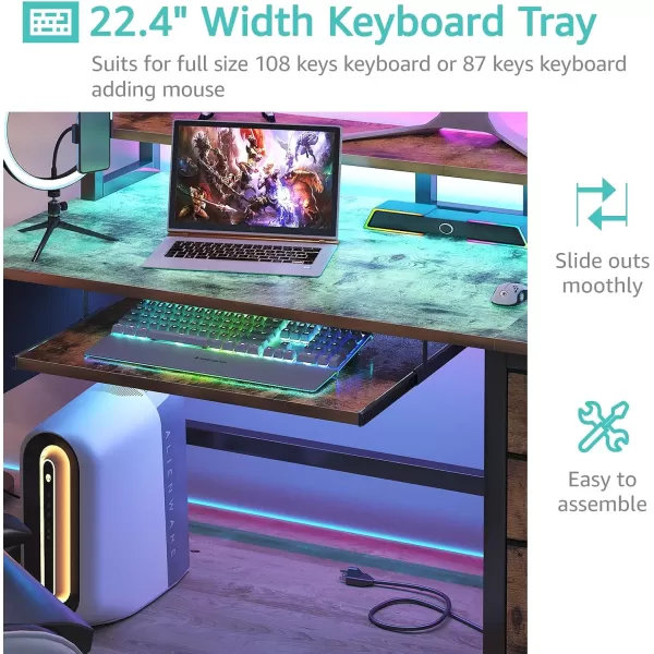 Lufeiya Gaming Desk with LED Lights and Power Outlets 47 Inch Home Office Desks with Keyboard Tray Computer Desk with File Drawers Cabinet Writing Table PC Desks with Monitor Stand BlackBrown
