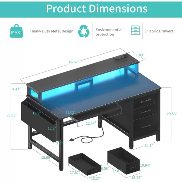 Lufeiya Gaming Desk with LED Lights and Power Outlets 47 Inch Home Office Desks with Keyboard Tray Computer Desk with File Drawers Cabinet Writing Table PC Desks with Monitor Stand BlackBlack