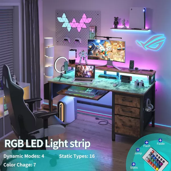 Lufeiya Gaming Desk with LED Lights and Power Outlets 47 Inch Home Office Desks with Keyboard Tray Computer Desk with File Drawers Cabinet Writing Table PC Desks with Monitor Stand BlackBrown