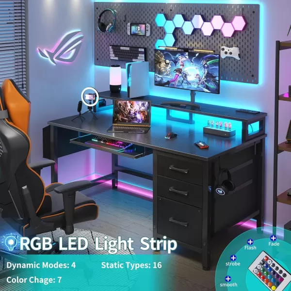 Lufeiya Gaming Desk with LED Lights and Power Outlets 47 Inch Home Office Desks with Keyboard Tray Computer Desk with File Drawers Cabinet Writing Table PC Desks with Monitor Stand BlackBlack