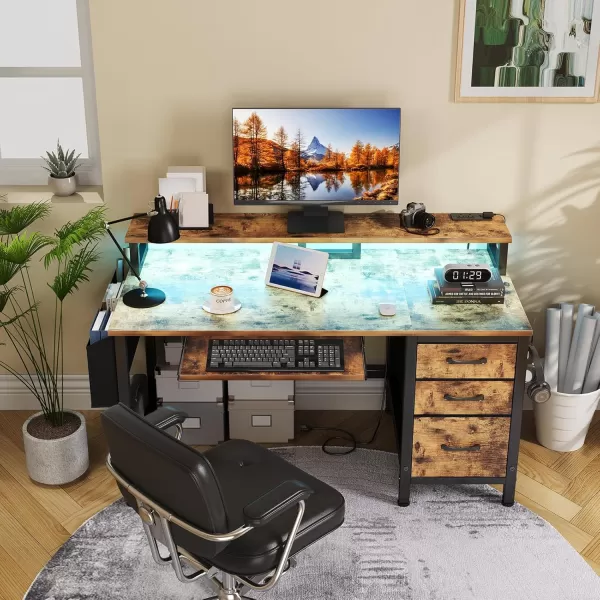 Lufeiya Gaming Desk with LED Lights and Power Outlets 47 Inch Home Office Desks with Keyboard Tray Computer Desk with File Drawers Cabinet Writing Table PC Desks with Monitor Stand BlackBrown