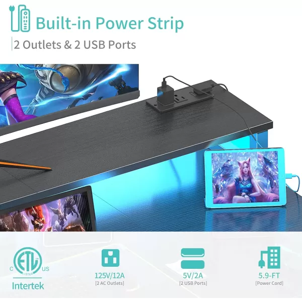 Lufeiya Gaming Desk with LED Lights and Power Outlets 47 Inch Home Office Desks with Keyboard Tray Computer Desk with File Drawers Cabinet Writing Table PC Desks with Monitor Stand BlackBlack