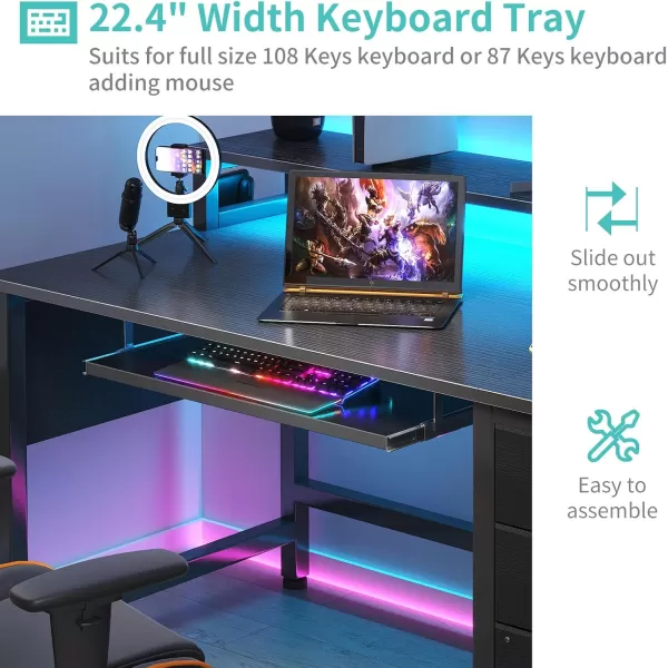 Lufeiya Gaming Desk with LED Lights and Power Outlets 47 Inch Home Office Desks with Keyboard Tray Computer Desk with File Drawers Cabinet Writing Table PC Desks with Monitor Stand BlackBlack