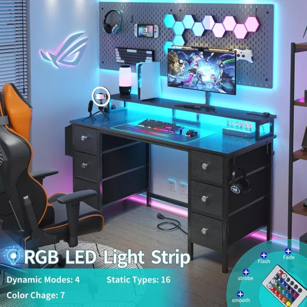 Lufeiya Gaming Desk with LED Lights and Power Outlets 47 inch Computer Desk with Fabric Drawers ampamp Storage Shelves Home Office Desk with Monitor Stand Black