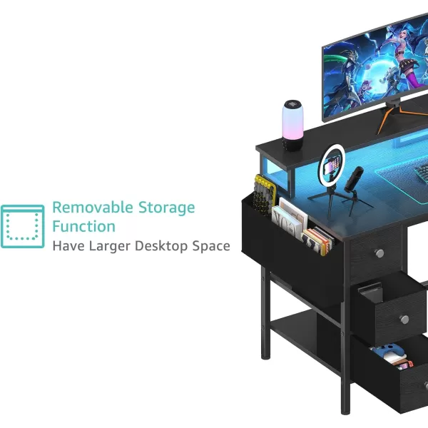 Lufeiya Gaming Desk with LED Lights and Power Outlets 47 inch Computer Desk with Fabric Drawers ampamp Storage Shelves Home Office Desk with Monitor Stand Black