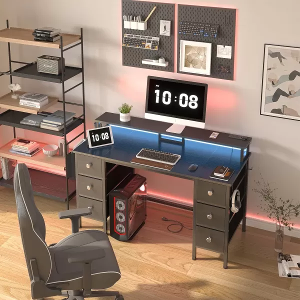 Lufeiya Gaming Desk with LED Lights and Power Outlets 47 inch Computer Desk with Fabric Drawers ampamp Storage Shelves Home Office Desk with Monitor Stand Black