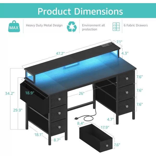 Lufeiya Gaming Desk with LED Lights and Power Outlets 47 inch Computer Desk with Fabric Drawers ampamp Storage Shelves Home Office Desk with Monitor Stand Black