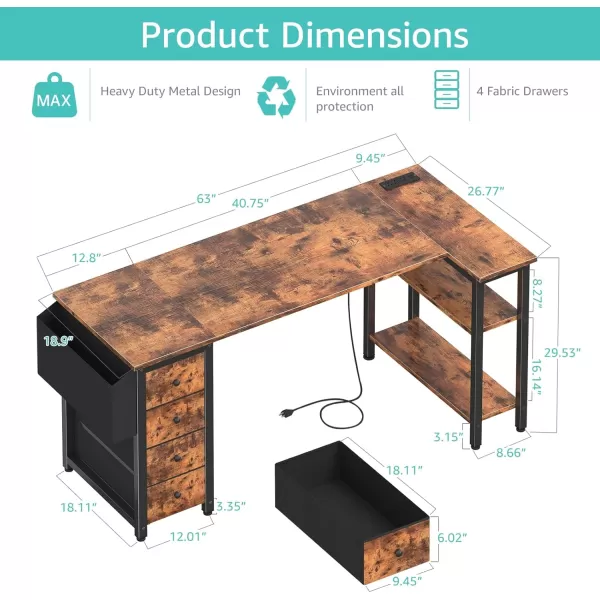 Lufeiya L Shaped Desk with Drawers ampamp Storage Shelves 47 Inch Corner Computer Desk with Power Outlet for Home Office Bedroom LShaped Gaming PC Desks with Fabric Drawer Rustic BrownBrown