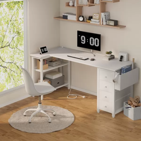 Lufeiya L Shaped Desk with Drawers ampamp Storage Shelves 47 Inch Corner Computer Desk with Power Outlet for Home Office Bedroom LShaped Gaming PC Desks with Fabric Drawer Rustic BrownWhite