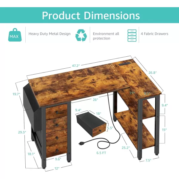 Lufeiya L Shaped Desk with Drawers ampamp Storage Shelves 47 Inch Corner Computer Desk with Power Outlet for Home Office Bedroom LShaped Gaming PC Desks with Fabric Drawer Rustic BrownBrown