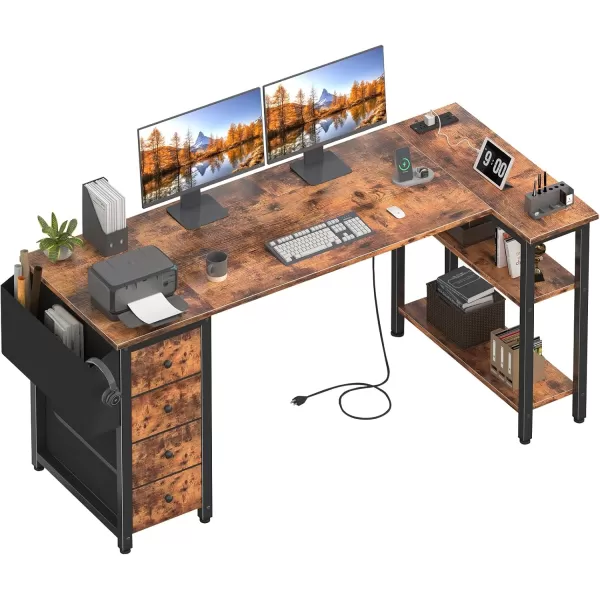 Lufeiya L Shaped Desk with Drawers ampamp Storage Shelves 47 Inch Corner Computer Desk with Power Outlet for Home Office Bedroom LShaped Gaming PC Desks with Fabric Drawer Rustic BrownBrown