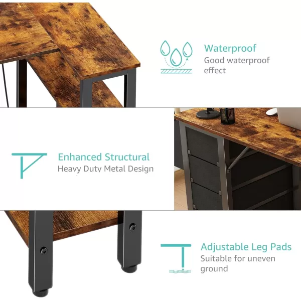 Lufeiya L Shaped Desk with Drawers ampamp Storage Shelves 47 Inch Corner Computer Desk with Power Outlet for Home Office Bedroom LShaped Gaming PC Desks with Fabric Drawer Rustic BrownBrown