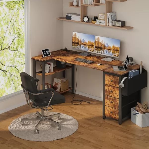 Lufeiya L Shaped Desk with Drawers ampamp Storage Shelves 47 Inch Corner Computer Desk with Power Outlet for Home Office Bedroom LShaped Gaming PC Desks with Fabric Drawer Rustic BrownBrown