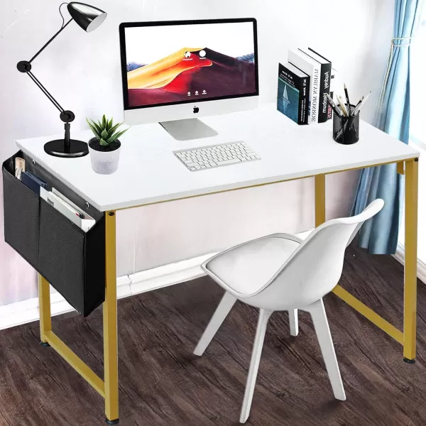 Lufeiya Small Computer Desk Study Table for Small Spaces Home Office 31 Inch Rustic Student Laptop PC Writing Desks with Storage Bag Headphone HookBrownWhite Gold