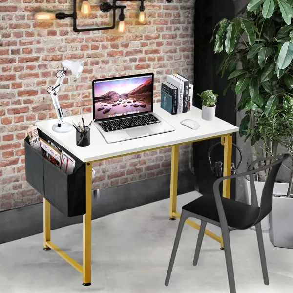 Lufeiya Small Computer Desk Study Table for Small Spaces Home Office 31 Inch Rustic Student Laptop PC Writing Desks with Storage Bag Headphone HookBrownWhite Gold