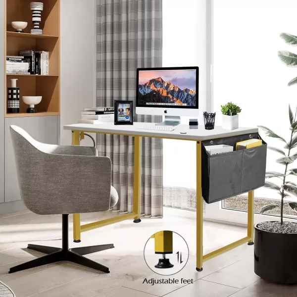 Lufeiya Small Computer Desk Study Table for Small Spaces Home Office 31 Inch Rustic Student Laptop PC Writing Desks with Storage Bag Headphone HookBrownWhite Gold